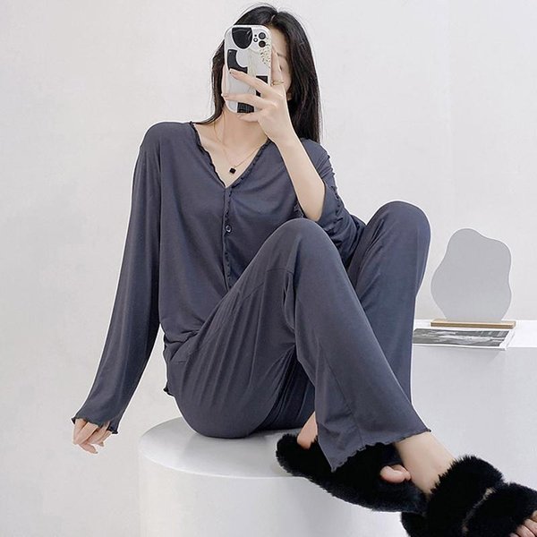 Conjunto De Pijama De Manga Larga De Modal Cardigan Holgado Casual Ropa De Casa Color SóLido Primavera Delgado Ropa De Dormir Ropa Para El Hogar LenceríA ÍNtima Ropa De Noche XL Gris-image