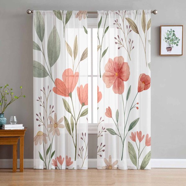 Plantas Pastorales Flores Plantas Acuarela Cortinas De Dormitorio Tul Cortina Transparente Sala De Estar DecoracióN Del Hogar Cortinas Voile 135W X 114H(Cm) White-image