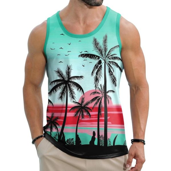 Verano Cuello Redondo Top Estampado ÁRbol De Coco 3D Moda Casual Estilo Vacaciones Hawaianas Chaleco Sin Mangas Camisetas Para Hombre M Blue-image