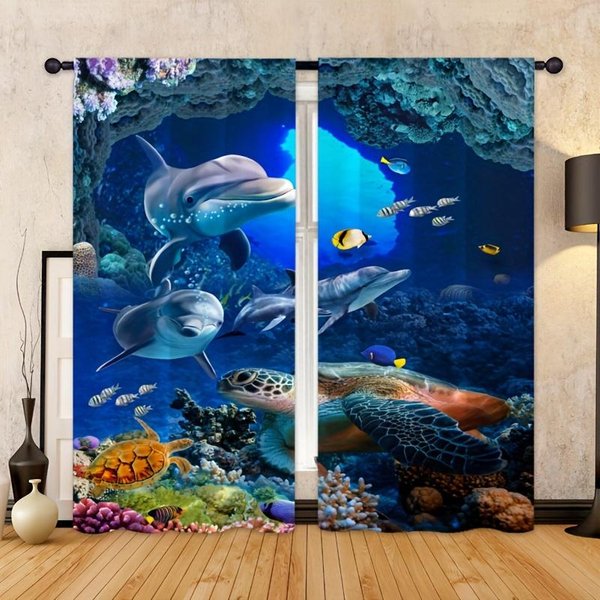 2 Piezas Cortinas Con Estampado De Delfines Cortinas Decorativas Para Ventana Tratamientos De Ventana Para Dormitorio Sala De Estar DecoracióN Del Hogar DecoracióN De HabitacióN 100W130H(Cm)40X51In&Grommet Top-image