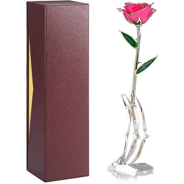 Rosa De Tallo Largo BañAda En Oro De 24K En Caja De Regalo Con Soporte (Rosa Rosa Con Soporte)-image