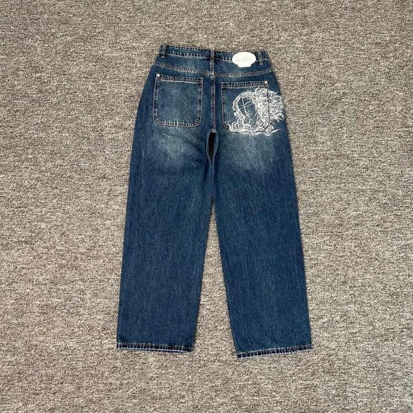 Wysokiej JakośCi Jeansy Y2K Harajuku Goth Vintage WzóR Haftu Kwiat ŚLiwy Szerokie Nogawki Tkanina DżInsowa AmerykańSki Styl Street Wear Unisex 32 Blue-image
