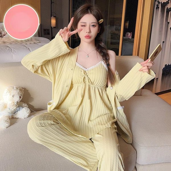 Primavera Tallas Grandes Conjunto De 3 Piezas LenceríA Sexy De Encaje Tirantes Finos Conjunto De Pijama De AlgodóN Pijamas Lindos Para Mujer Ropa De Casa Ropa De Casa M Amarillo-image