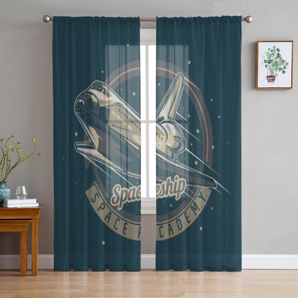IlustracióN TemáTica Espacial De Nave Espacial Cortinas Transparentes De Gasa Para DecoracióN De Sala De Estar Dormitorio Velos Para Ventana Cortina De Tul 135W X 114H(Cm) Black-image