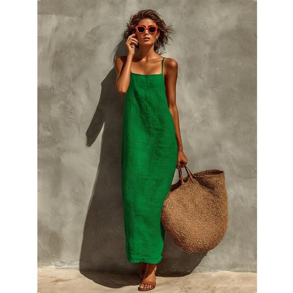 Vestido De Tirantes Liso De Verano Nuevo Para Mujer, Vestido Midi Holgado, CóModo, Casual, Sin Mangas XXL Verde-image