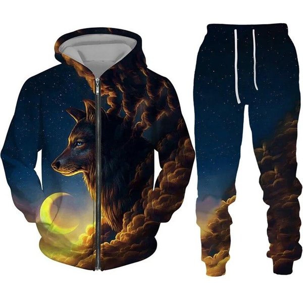 Kolorowy Wilk 3D Print Dres Hiphopowy Sweter Bluzy Z Kapturem Na Zamek Garnitur MężCzyźNi Kobiety Kid Casual Bluza Z Kapturem Spodnie Zestaw Do Joggingu L Black-image