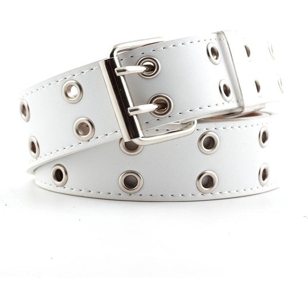 Pasek Damski Trend Pasek Z PodwóJnym PierśCieniem PodwóJny OtwóR Przelotka SkóRzana Klamra Punk Pin Pasek Do Spodni Jeans Gotycki Pas 110Cm White-image