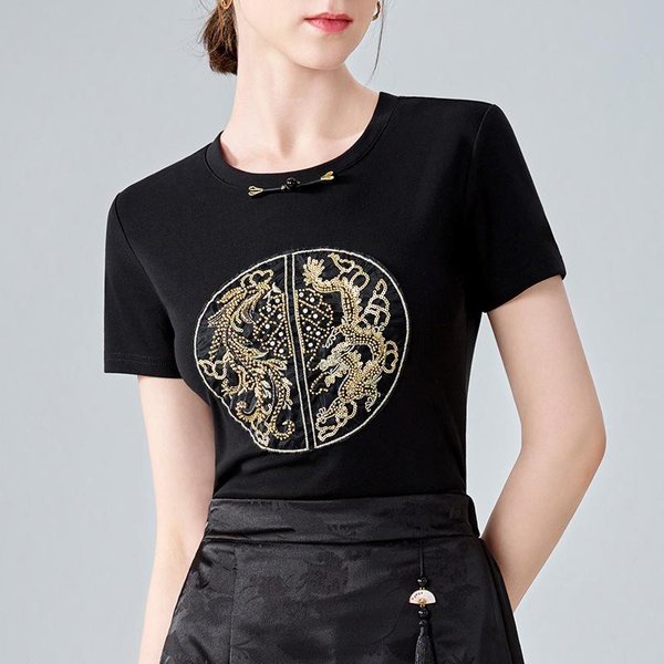 Camiseta Bordada De Estilo Chino Para Mujer, Nueva Camiseta Retro De Manga Corta Con Botones Y Cuello Redondo Para Mujer, Nueva Camiseta De Cintura China. 3XL Negro-image