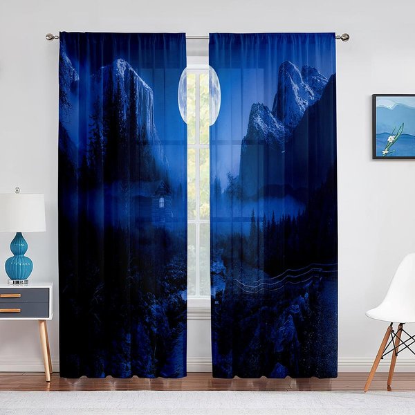 Cortinas Voile Transparentes De Cielo Nocturno Luna Estrellas Y Lago Forestal Para Dormitorio Sala De Estar Cocina Cortinas De Tul Cortinas De Ventana De Gasa 1 PCS W100Xh250Cm&Grommet Top-image