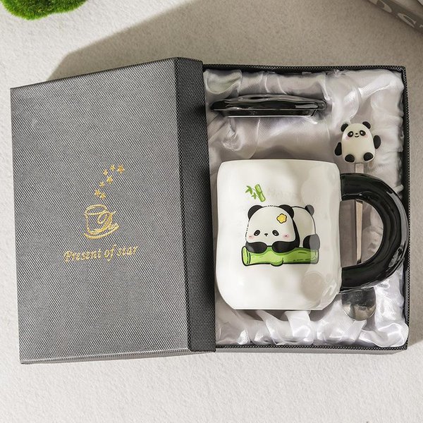 Wysokiej JakośCi Uroczy Ceramiczny Kubek Panda Dla DziewcząT, Kubek Z Pokrywką I łYżEczką Dla Par O DużEj PojemnośCi Do Picia Wody Do UżYtku Domowego 401-500Ml-image