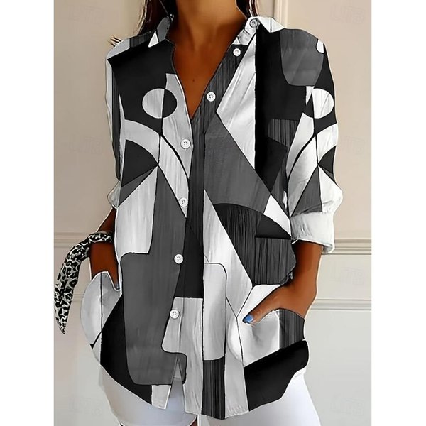 Damska Koszula Bluzka Patchwork Guziki Nadruk Graficzny Geometryczny Kratka Vintage Tropikalna Codzienna Koszula Z DłUgim RęKawem KołNierzyk Regularne GóRy XL Gray-image