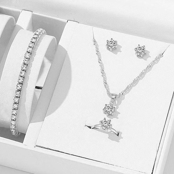 5 Sztuk Eleganckie Zestawy BiżUterii KryształOwej Dla Kobiet Naszyjnik Kolczyki PierśCionek Bransoletka KsiężNiczka BiżUteria śLubna Zestaw śLubny Walentynki A1-image