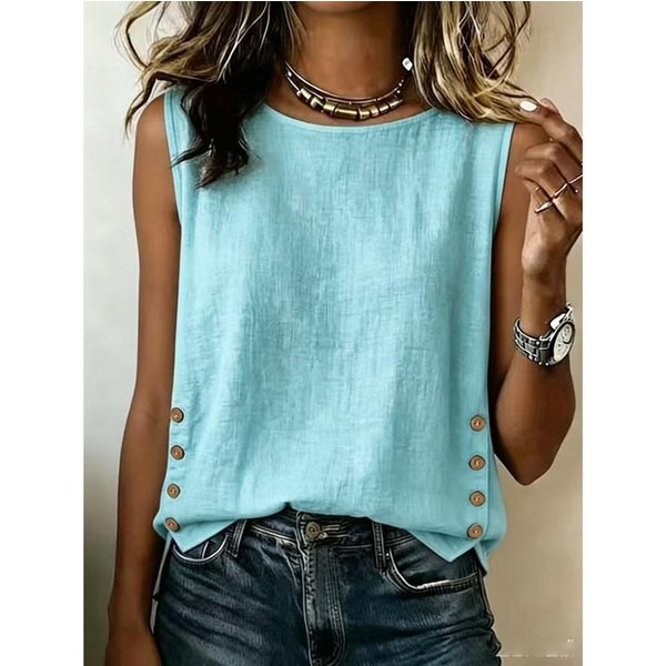Nuevo Chaleco De Lino Y AlgodóN De Color SóLido Para Mujer De Verano, Cuello Redondo Holgado Casual Sin Mangas Con Botones M-image