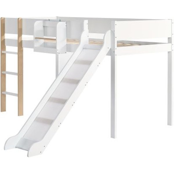 Lit Mezzanine Avec éTagèRes De Rangement Amovibles, Pin + Mdf, Blanc + Finition Bois Naturel, 90 X 200 Cm-image