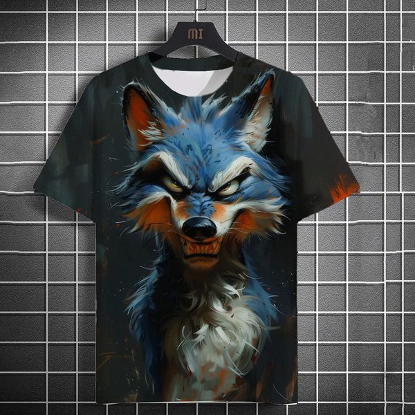 Camiseta Informal De Moda Para Hombre Con Estampado 3D, Divertida Camiseta De Manga Corta Con Estampado De Animales, Cuello Redondo Y Estampado De Lobo Y Zorro. 5XL-image