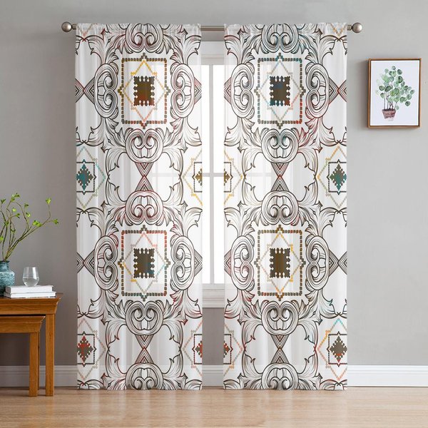 Cortinas Voile Transparentes Cuadradas Vintage Con LíNeas De Rejilla Degradadas Para Ventana De SalóN, Cortina De Tul Para Cocina, Dormitorio, Cortinas DecoracióN Del Hogar 135W X 114H(Cm) White-image