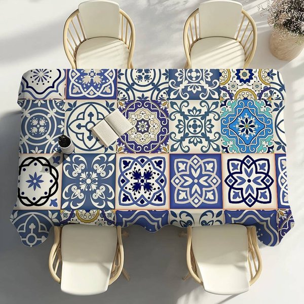 Mantel Estilo Bohemio Cian DecoracióN De Fiesta Comedor Cocina Del Hogar Patios Mantel Impermeable Resistente A Las Manchas 100X140Cm-image