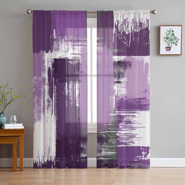 Cortinas Transparentes De Tul Morado Con DiseñO De Pintura Al óLeo Abstracta GeoméTrica Para Sala De Estar, Cocina Y Ventanas. W135 X H115Cm X1-image