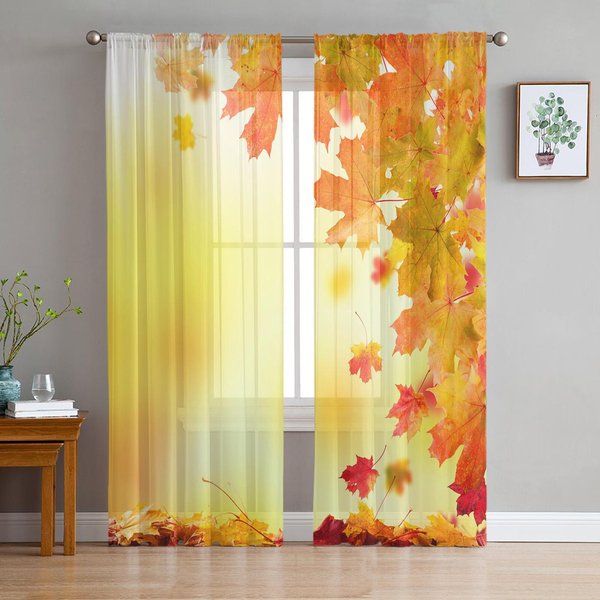 Cortinas De Gasa De Flores Silvestres De OtoñO De AccióN De Gracias Para Dormitorio, Cortina De Ventana De Tul Para Sala De Estar, Cortinas Transparentes, Cortinas W50H130(Cm)X2Pcs&Grommet Top-image