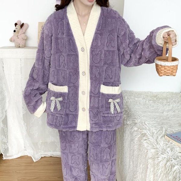 Plus Size Zimowe Damskie CiepłE Ubrania Domowe PiżAmy Damskie Flanelowe Grube Koralowe Polarowe Oversize WełNiane PiżAmy Pluszowe Koralowe Aksamitne XXL Gray-image