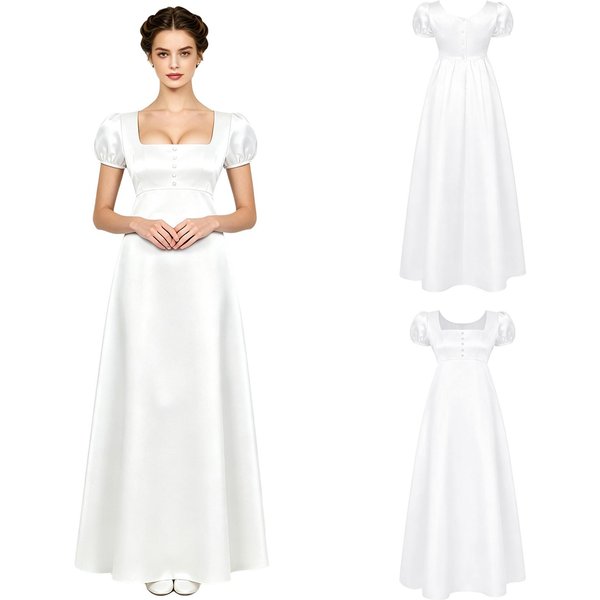 Vestido Maxi Retro Regency Para Mujer Cuello Cuadrado Decorado Con Perlas SintéTicas Manga Abullonada Cintura Imperio BotóN Trasero Vestido De SatéN Para Fiesta Evento Formal S Blanco-image