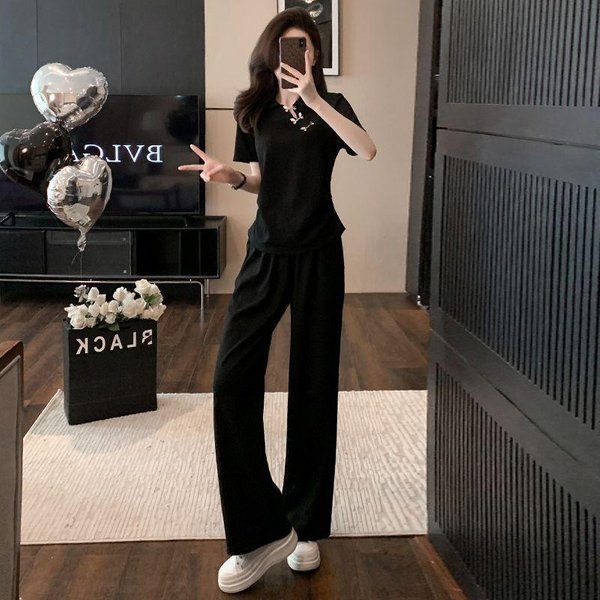 Traje De Pantalones Anchos Casual Estilo Chino, Conjunto Deportivo De Dos Piezas Moda Verano Estilo Diosa 2XL Negro-image