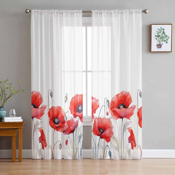 Czerwony Mak Akwarelowy Przezroczyste ZasłOny Do Dekoracji Salonu ZasłOny Okienne Do Kuchni Tiulowe Woalowe Organzowe ZasłOny W135 X H115Cm X1&Grommet Top-image