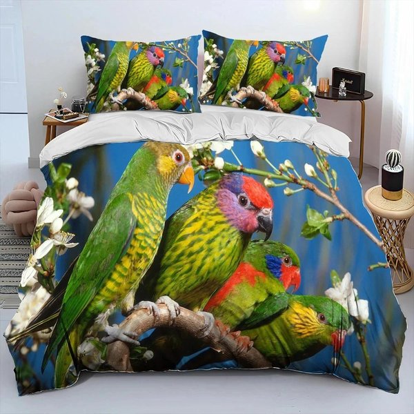 Juego De Cama EdredóN Loros Guacamayos Coloridos, Funda NóRdica Juego De Cama Funda De EdredóN Funda De Almohada, Juego De Cama TamañO King Queen Adulto AU Queen(210X210Cm)-image