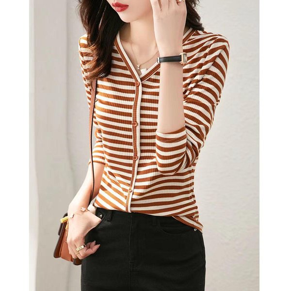 Nueva Camiseta De Primavera Suave Y VersáTil De Cuello En V Casual De Manga Larga Para Mujer 2XL Brown-image