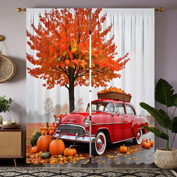 Juego De 2 Piezas HD Halloween ÁRbol De Hoja De Arce Bajo El NostáLgico Coche CláSico Calabaza Cortina Decorativa Corbata Negra Impresa Digitalmente Cu W52H63Inchw132H160Cm-image