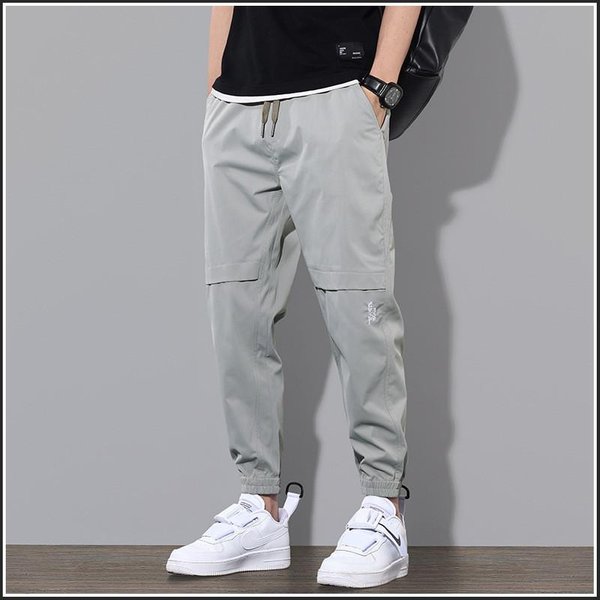 MęSkie Modne Spodnie PlażOwe Joggersy Streetwear Spodnie Dresowe Casual LuźNe Letnie Jednokolorowe DłUgie Sznurek Streetwear 5XL Jasny Kolor Szary-image