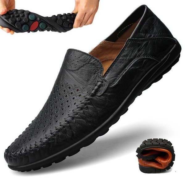 Mocasines De Cuero Genuino Para Hombre Suela Blanda Verano Transpirable Calado Mocasines BritáNicos Casual De Negocios Zapatos De Cuero Costura A Mano 41 Negro-image
