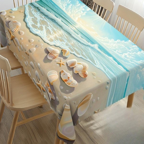 Nauticalna PlażOwa ProstokąTna Obrus Na Stół Dekoracja Letnia Niebieski Ocean Muszle Rozgwiazdy Kuchenny Obrus Na Stół Jadalny Dekoracja Imprezowa 140X140Cm-image