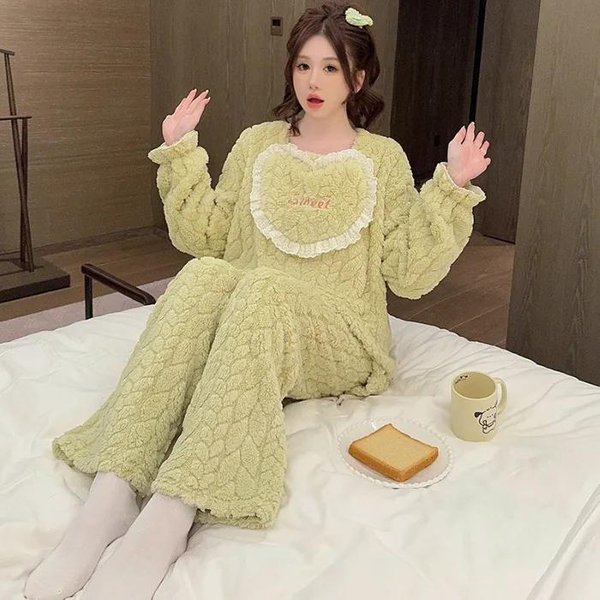 Conjunto De Pijama De Invierno CáLido De Forro Polar Coral Para Mujer Tops De Manga Larga Pantalones Conjunto Pijama Franela Suave Ropa De Casa Chaqueta L Beige-image