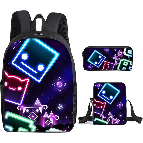 Moda Novedad Geometry Dash ImpresióN 3D 3 Uds/Set Alumno Mochilas Escolares Mochila De DíA Para PortáTil Mochila Bolso De Hombro Inclinado Estuche-image