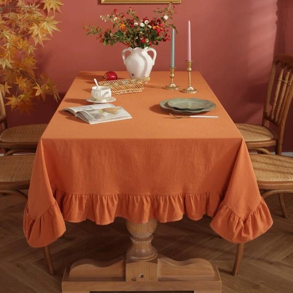 Mantel De Color SóLido Con Volantes De AlgodóN Rectangular Cuadrado Cubierta De Mesa DecoracióN Para Cocina Comedor 140X260Cm-image