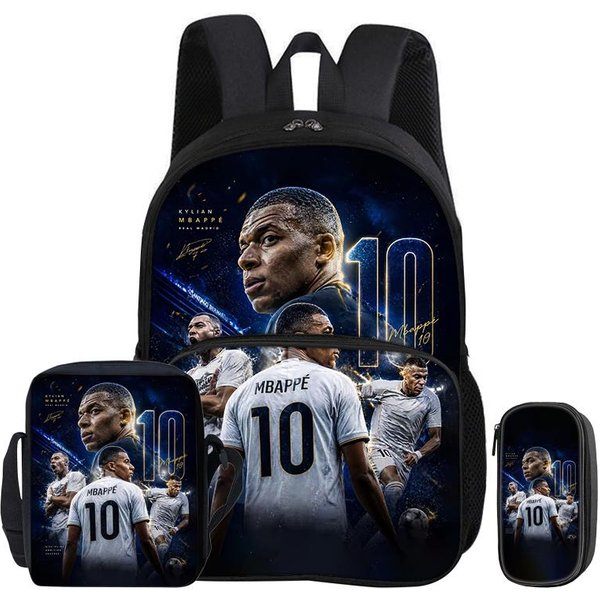 Set De 3 Piezas M-Mbappé Con Mochila Con Bolsillo Frontal Bolsos De Hombro Deportivos De FúTbol Estuche Para LáPices Estrella De FúTbol Mochilas Escolares Para Estudiantes Rucksack Black-image