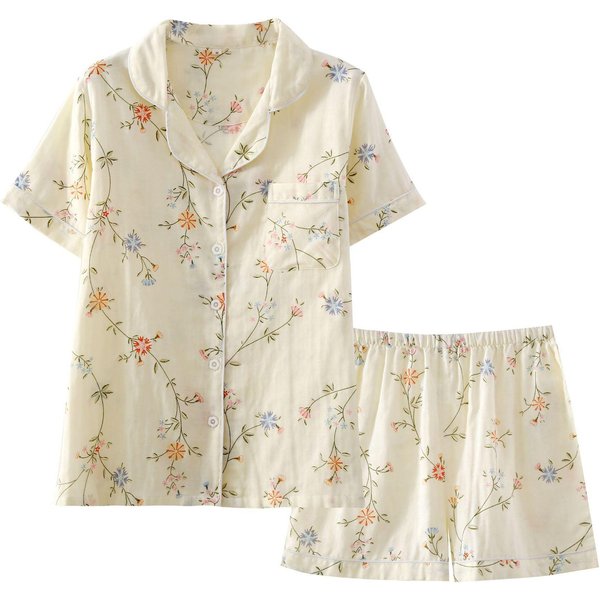 Nuevo Pijama De Verano Para Mujer Traje De Manga Corta Y PantalóN Corto Estampado De AlgodóN Ropa De Casa Fresca Conjunto De Dos Piezas Damas XL White-image