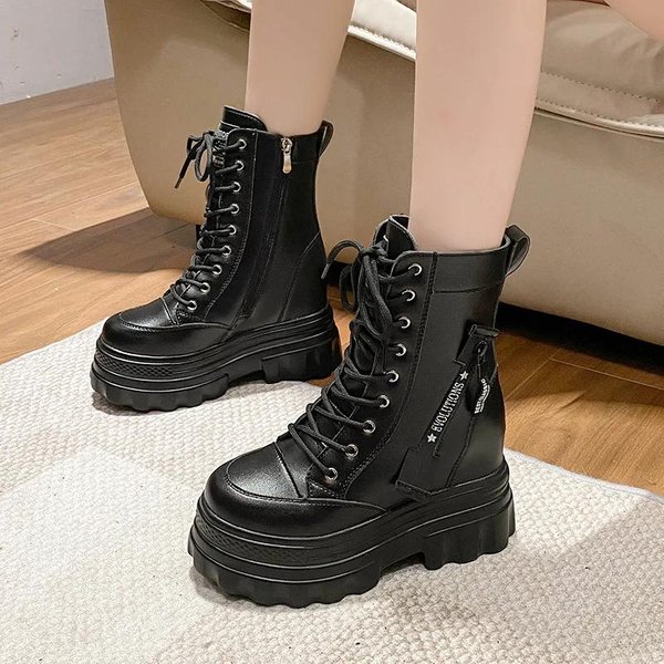 9.5CM Nowe Masywne Botki Do Kostki Dla Kobiet Grube Obcasy Motocyklowe Punkowe Botki Jesień Zima Sznurowane Wysoka Platforma SkóRzane Buty Kobieta 41-image