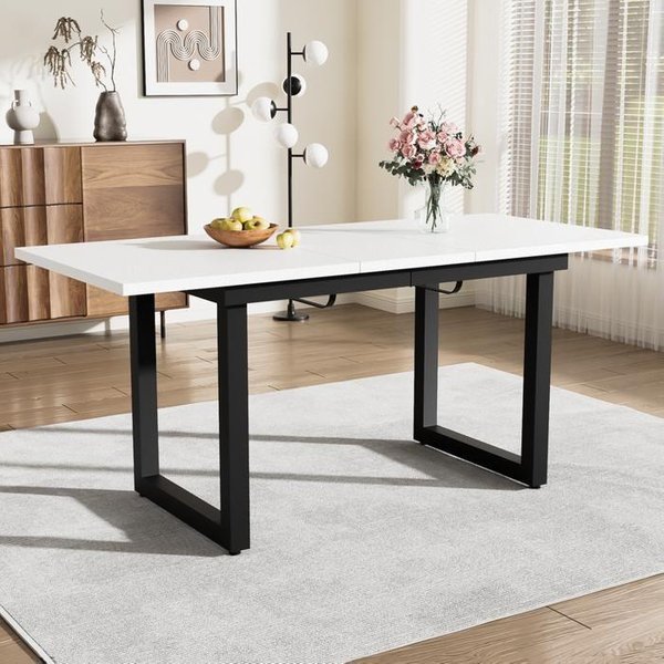 Mesa De Comedor Extensible, L140/180*An80*Al75, Rectangular, Mesa De Comedor Simple Y Moderna De Hierro, Blanco + Negro-image