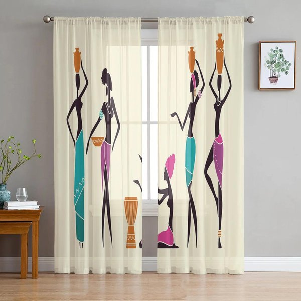 Cortinas Transparentes ÉTnicas Tribales Retro Cortinas De Tul Para Ventana De Sala De Estar Para Dormitorio Cocina DecoracióN Del Hogar Cortinas De Voile W135 X H115Cm X1&Rod Pocket-image