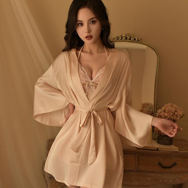 Ropa Interior EróTica CáRdigan Tirantes Talla Grande CamisóN Sexy Caliente Pijama De Mujer Deseo Puro SatéN Juego De Cama One Size-image