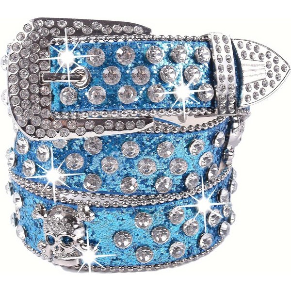 Remache De Calavera PedreríA Cinturones bb Tendencia Color SóLido Brillante Cuero PU CinturóN Vaquero Vaquera Jeans Pantalones CinturóN Para Mujeres NiñAs 115Cm Azul-image