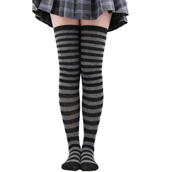 DłUgie Skarpety Do Uda Damskie Pasiaste Panie Dziewczyny Czarne BiałE RóżOwe DłUgie PowyżEj Kolana Skarpety Femboy Cosplay Lolita Harajuku Y2K One Size Black-image