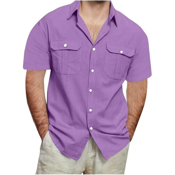 Camisa De Manga Corta Para Hombre Con Botones Y Doble Bolsillo En El Pecho, Informal, Transpirable, Con Cuello 4XL Multi-image