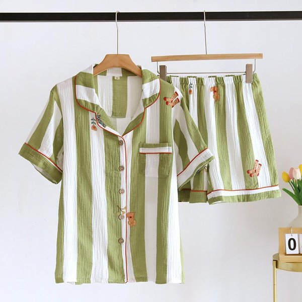 Nuevo Conjunto De Pijama De Verano Para Mujer JaponéS De Manga Corta Y Pantalones Cortos Para Dama De AlgodóN Crepé Vertical Lindo Hogar Dos Piezas L Verde-image