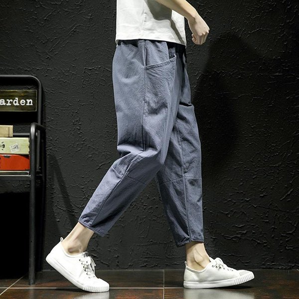 Pantalones Casuales De Verano Talla Grande Hombre Pantalones Cropped Japoneses De Moda Pantalones Sueltos Hombre 5Xl L Gray-image