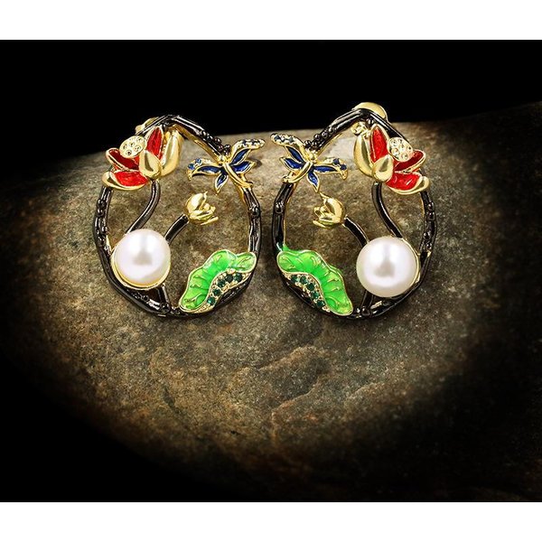 Pendientes De Esmalte Retro Moda Fresco Salvaje Flor De Loto Pendientes De BotóN De Perla De Plata Para Mujeres JoyeríA Regalo Fiesta Boda-image