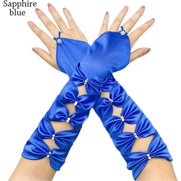 Guantes De Boda Largos EláSticos SatéN Plisados Lazo Codo Verde Azulado Guantes Sin Dedos Fiesta De Noche Baile De GraduacióN Beige-image