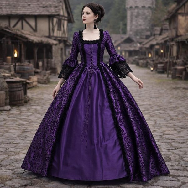 ŚRedniowieczna Gotycka Sukienka Maxi Dla Kobiet Renesansowa Koronkowa Z Kwadratowym Dekoltem I Rozkloszowanymi RęKawami Suknia Cosplay 2XL Fioletowy-image